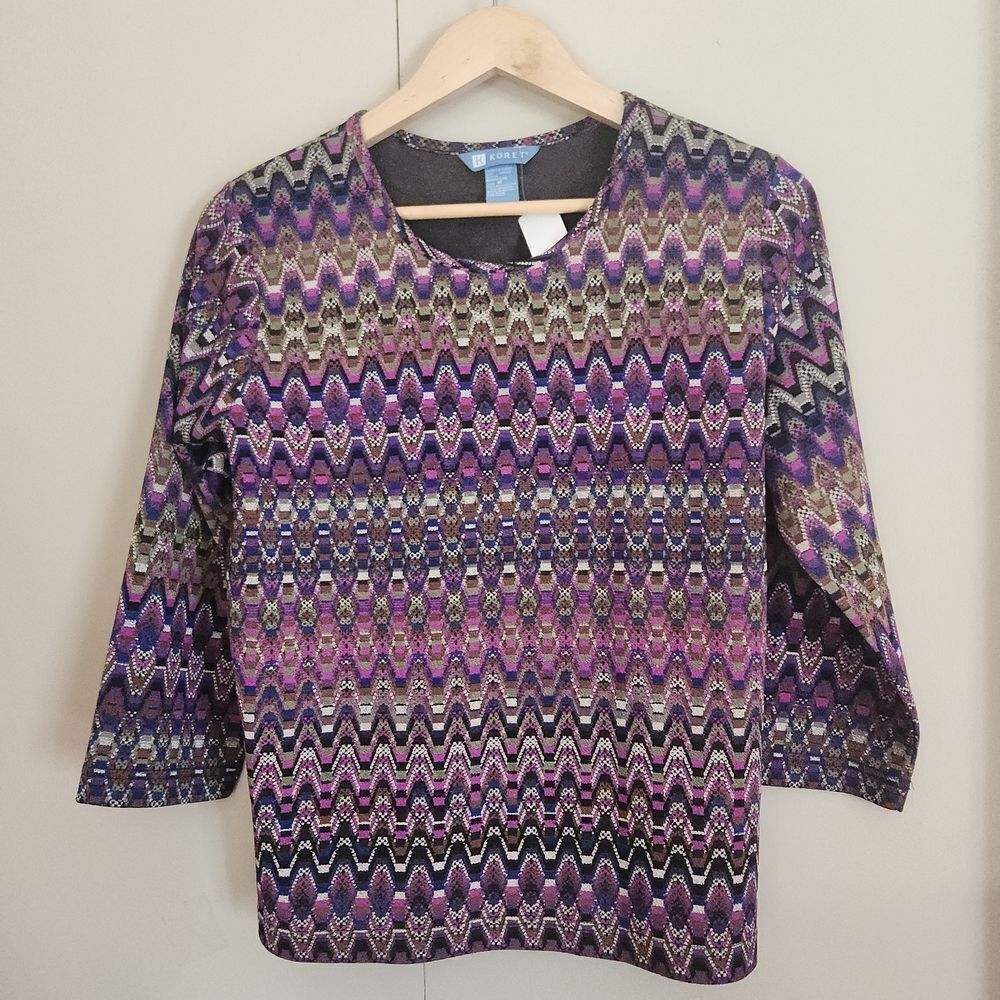 F33 Koret Rich Purple & Gold Chic Zigzag pattern Blouse 3/4 sleeves round neck